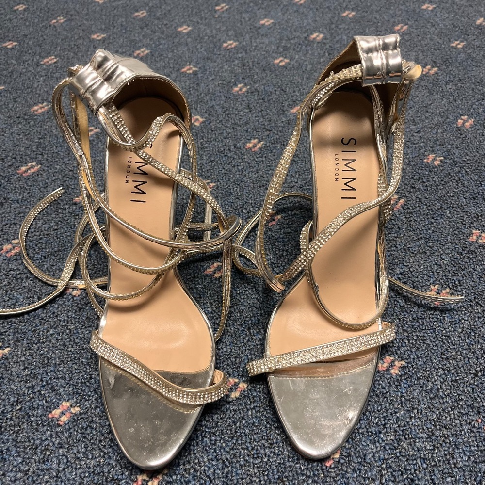 Simmi‎ London Shania Womens 6 Silver Metallic Lace Up High Heel Glitter Stiletto